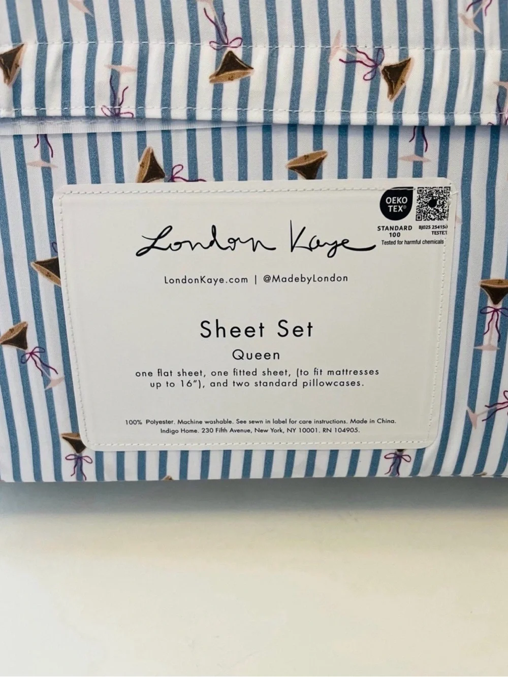 London Kaye Queen Size Sheet Set Mini Stripe Cafe Espresso Martini Glasses Bows